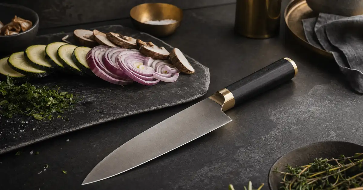 An 8-inch chef's knife resting on a slate counter beside sliced vegetables