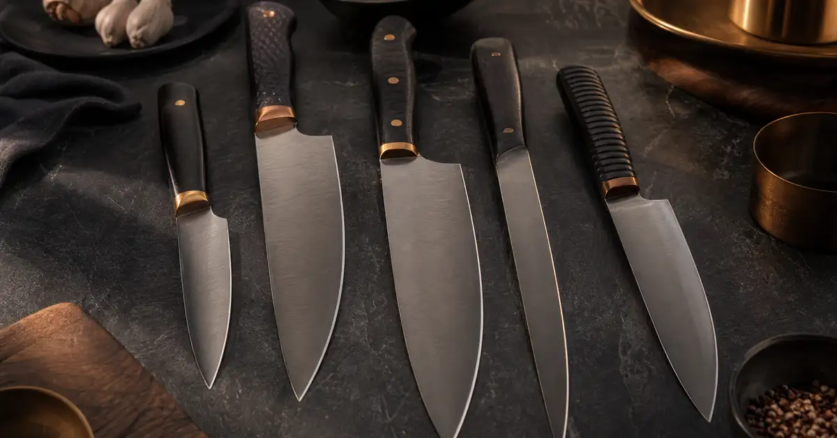 Several 8-inch chef's knives with different handle styles laid side by side on a slate counter