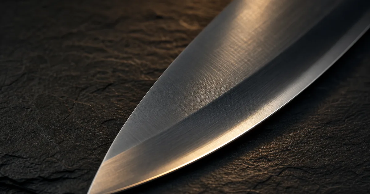 Close-up of a chef's knife blade showing the polished bevel and edge on slate