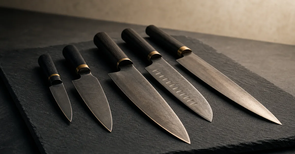 Several chef's knives of different styles laid in a row on a slate surface