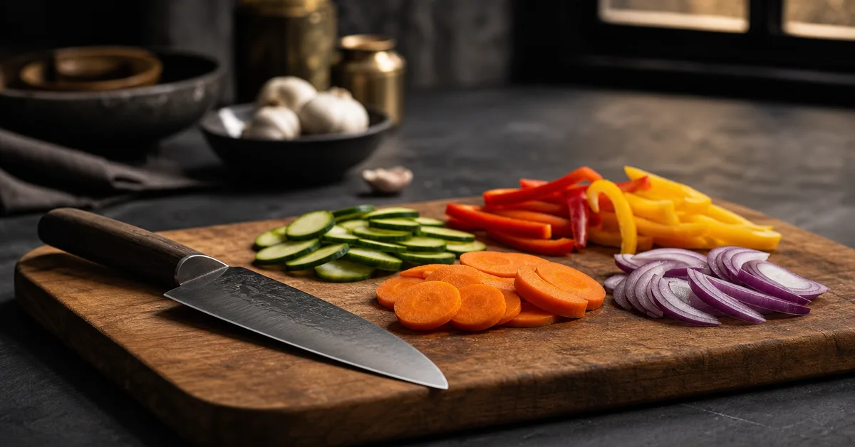 A chef's knife beside neatly sliced vegetables on a warm wooden cutting board