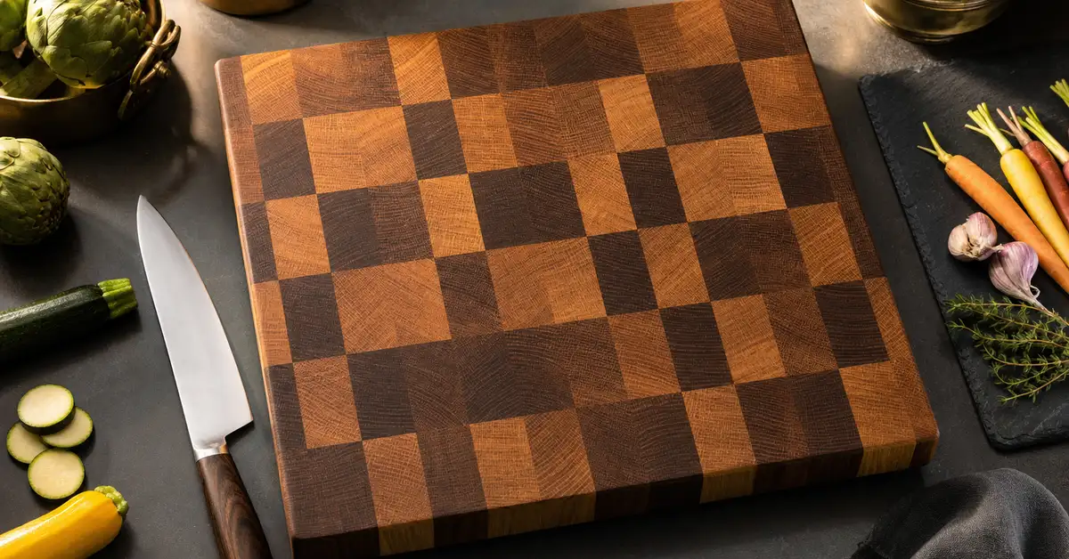 A large end-grain wooden cutting board with a chef's knife and sliced vegetables on a warm-lit kitchen counter
