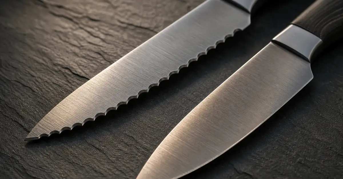 Close-up of steak knife blades showing serrated and straight edge profiles side by side