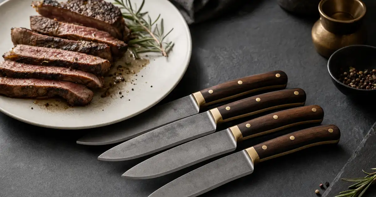 A set of steak knives with wood handles arranged beside a plate of sliced steak on a slate counter