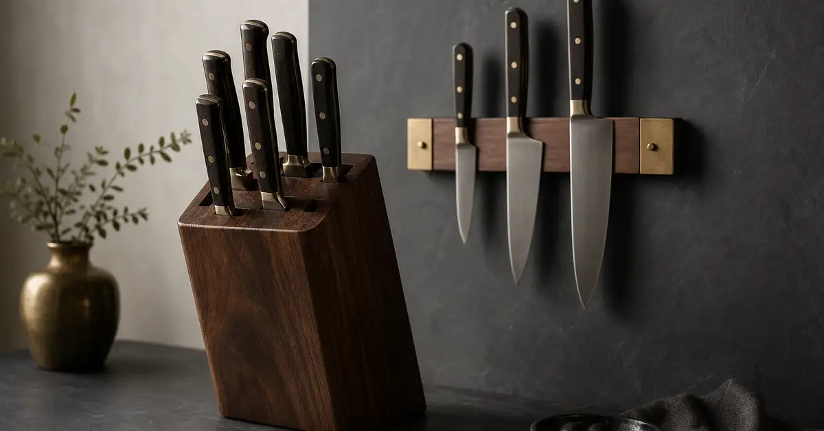 Several kitchen knives in a wooden block beside a small magnetic knife stand on a slate counter