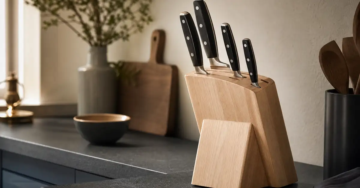 An affordable wooden knife block with several knives on a matte slate kitchen counter in warm light