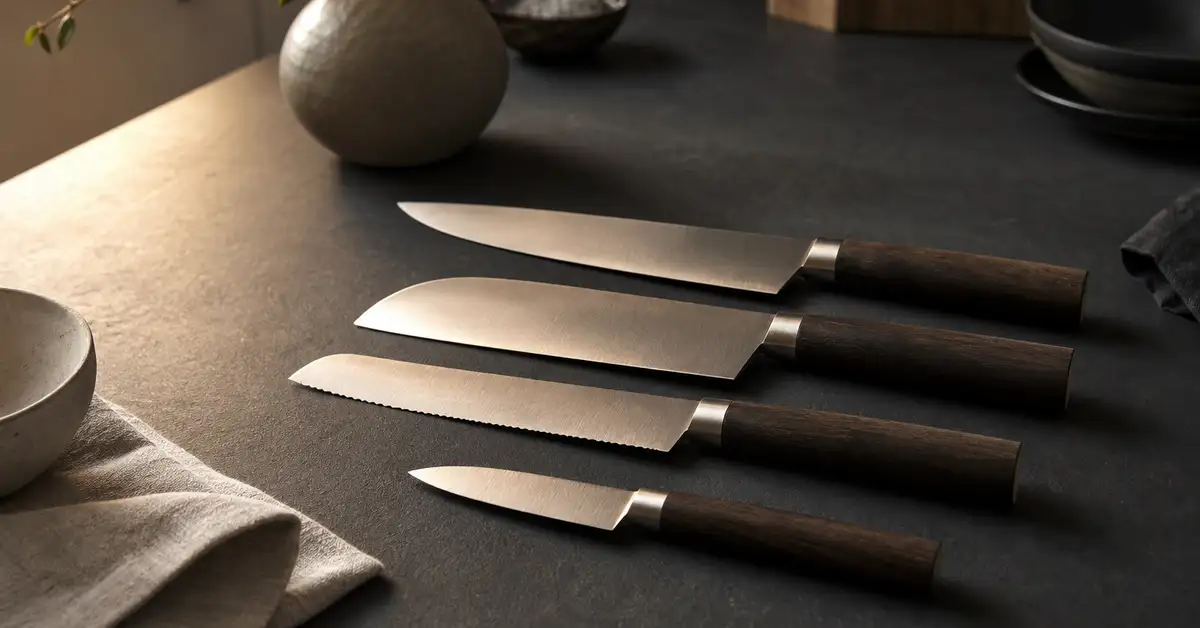 A compact set of a few quality kitchen knives on a slate counter in warm light