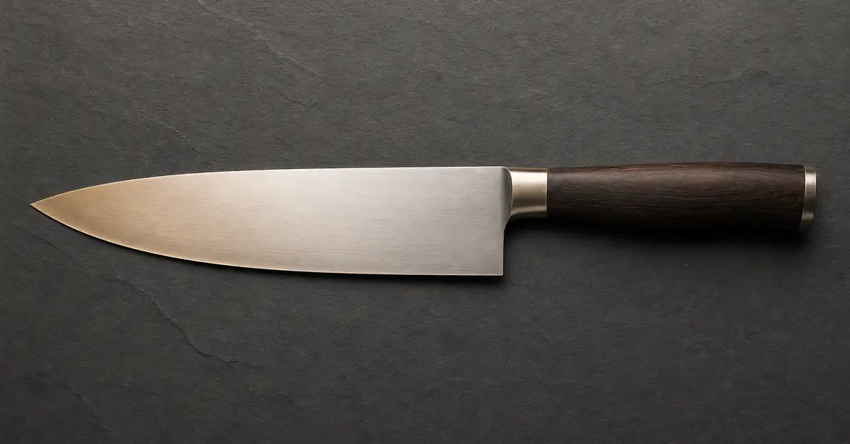 A chef's knife laid flat and side-on on a matte slate surface, showing the blade, spine, bolster and handle