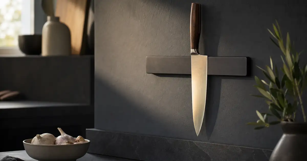 A chef's knife stored on a magnetic wall strip in a warm, softly lit kitchen with matte slate surfaces