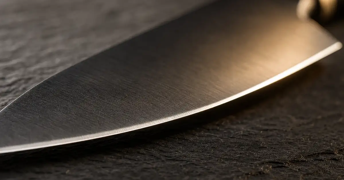 Macro close-up of a chef's knife cutting edge and polished bevel catching warm light on slate