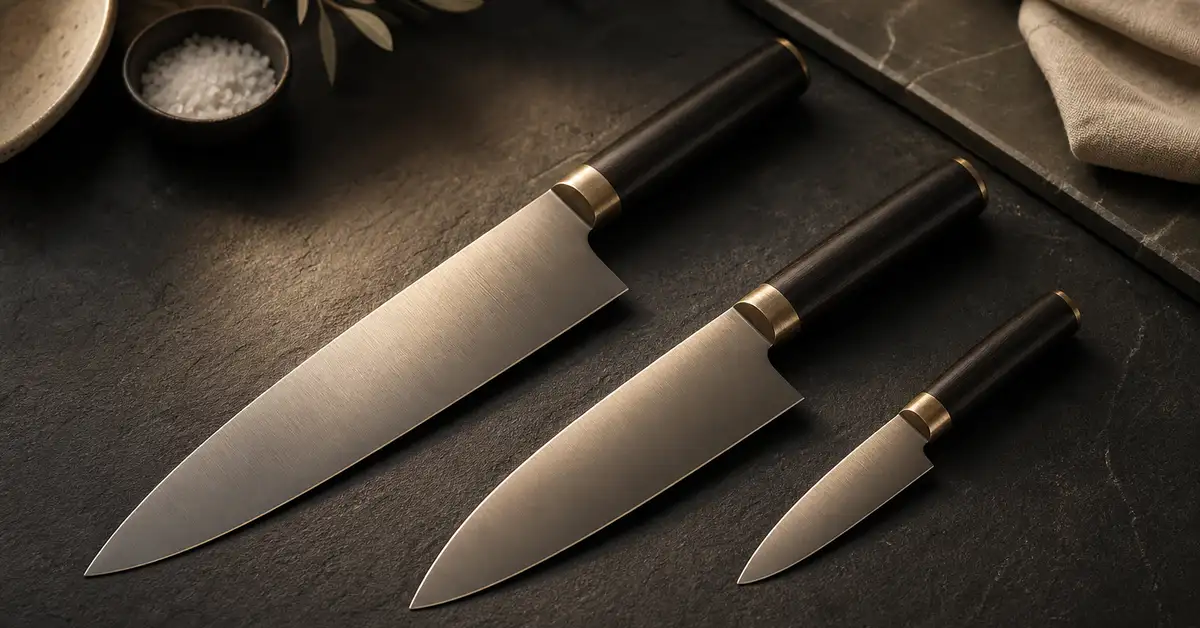 Three chef's knives of different blade lengths laid in a row on a slate surface in warm light