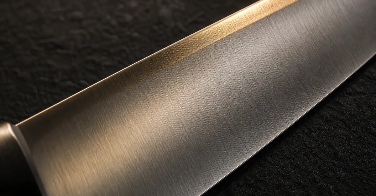 Close-up of a chef's knife blade surface showing the fine grain of the steel under warm side light on a dark slate background