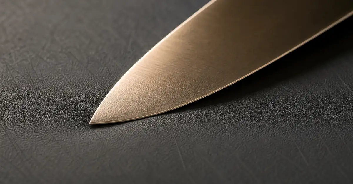 A knife edge resting on the surface of a soft rubber cutting board