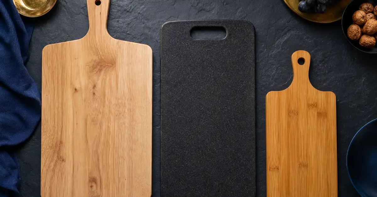 Three different cutting boards - light wood, dark composite, and bamboo - arranged on a slate kitchen counter