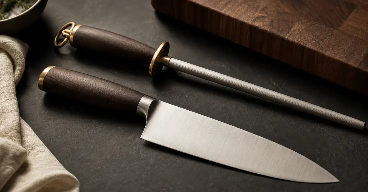 A chef's knife beside a honing steel and a wooden cutting board on a slate counter in warm light