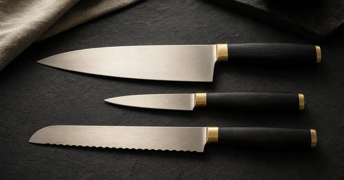 A chef's knife, a paring knife and a serrated knife laid in a row on a matte slate surface