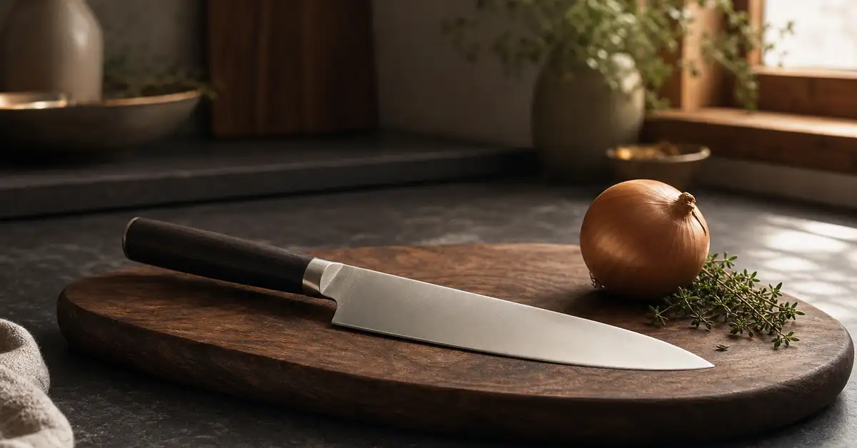 A single chef's knife resting on a matte slate cutting board in warm kitchen light