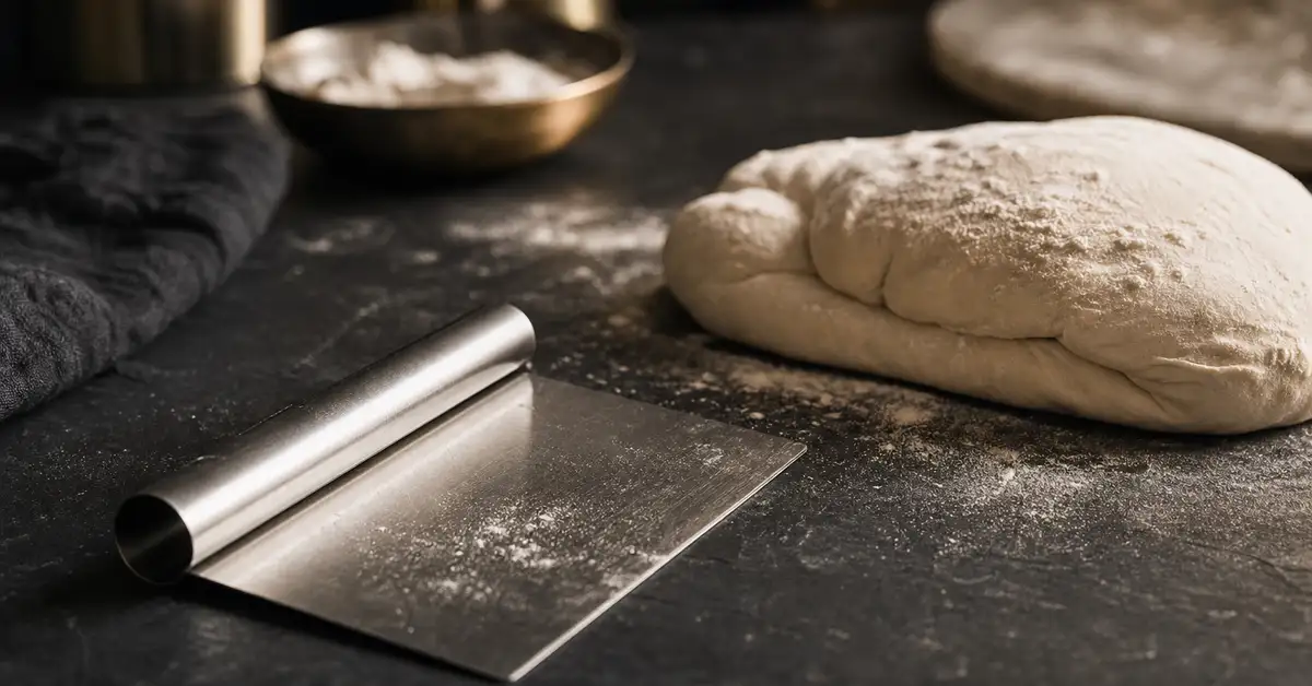 A stainless bench scraper and dough on a floury slate countertop