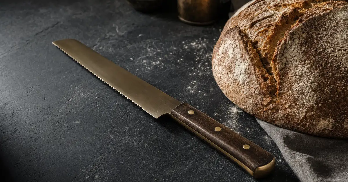 A serrated bread knife beside a loaf of crusty bread and a bench scraper on a slate counter