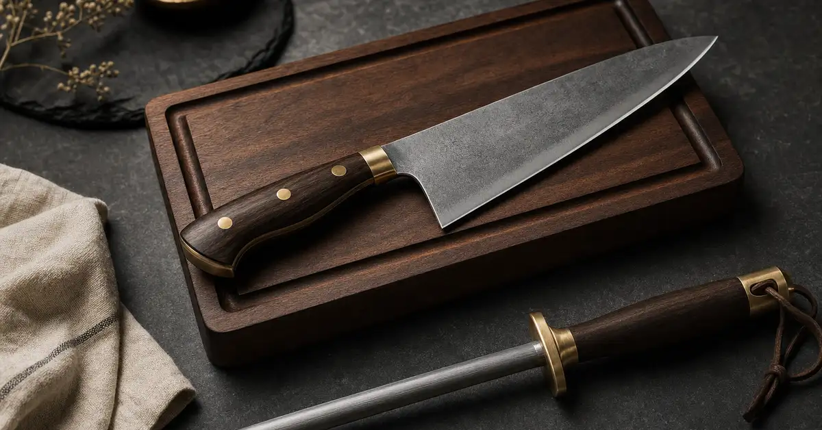 A chef's knife, a cutting board and a honing steel arranged as gifts on a slate counter with warm light