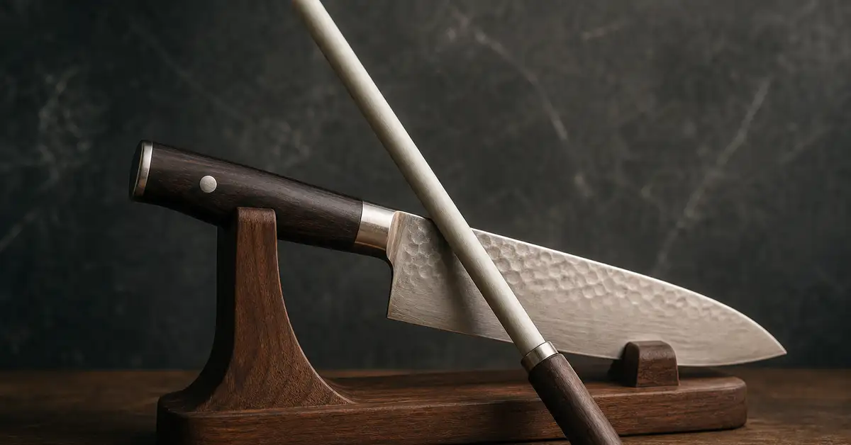 A ceramic honing rod propped against a chef's knife blade on a wooden stand