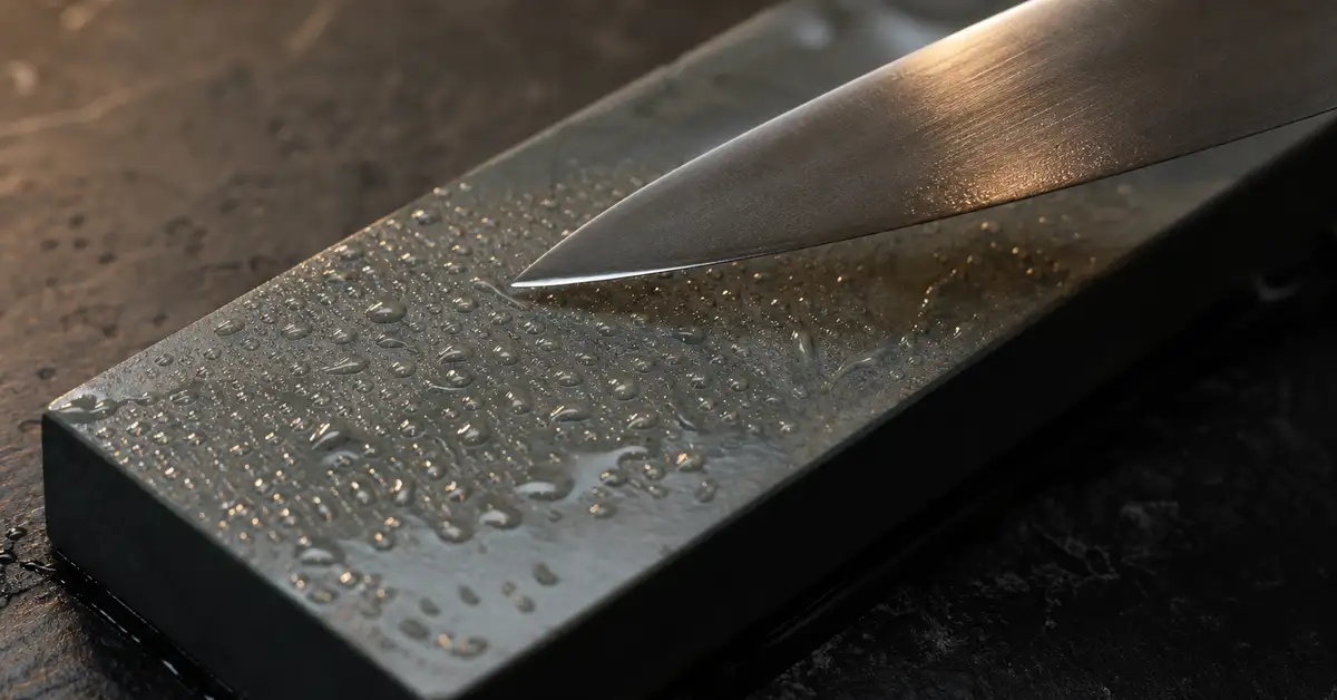 Water droplets on a whetstone's surface with a knife blade edge angled just above it in warm light