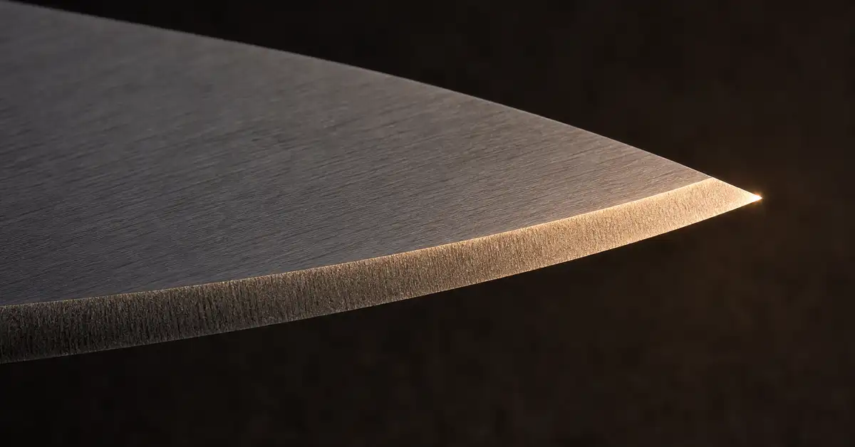 Macro close-up of a sharp kitchen knife blade edge catching warm light