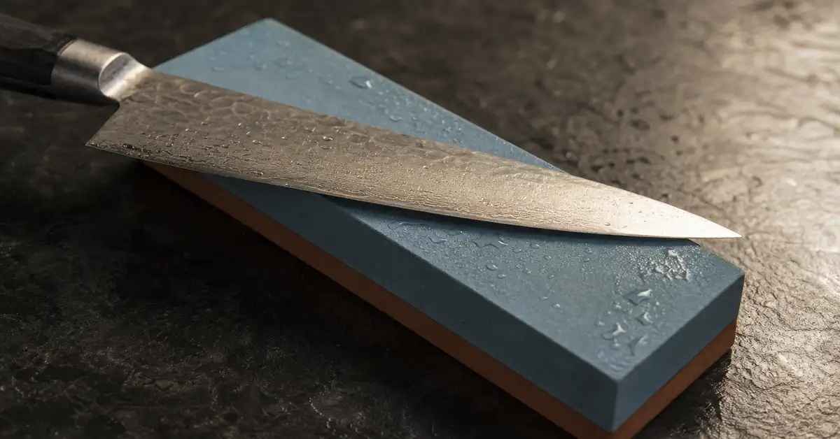 A chef's knife blade resting at a low angle on a whetstone with water droplets on the surface