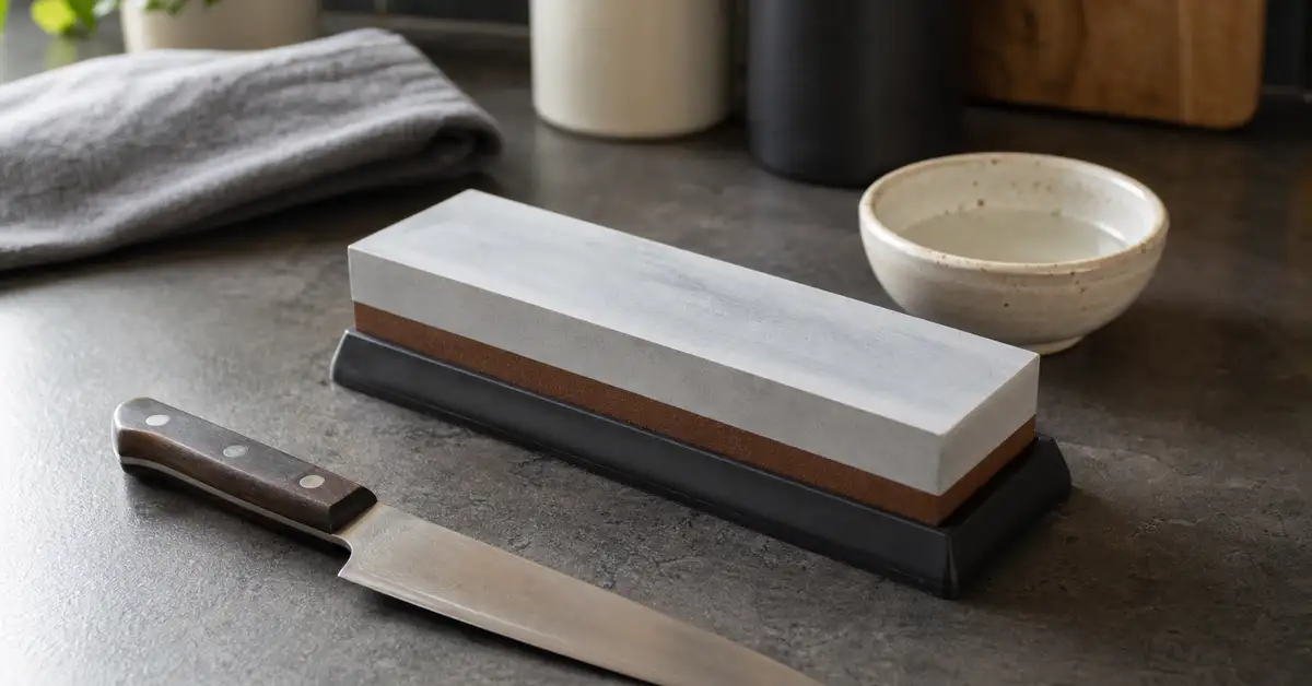 A whetstone on a non-slip base atop a slate kitchen counter with a chef's knife nearby
