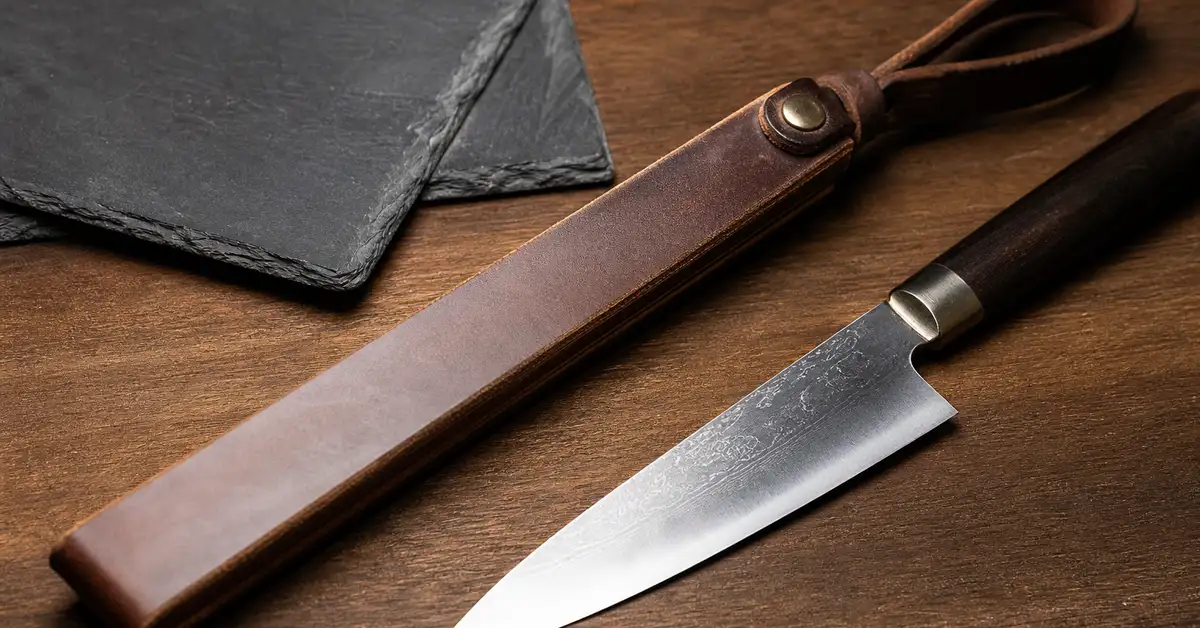 A leather strop laid flat on a wooden bench beside a chef's knife