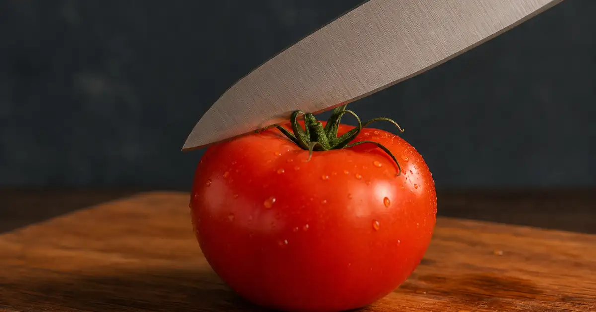 A chef's knife blade poised just above a ripe tomato's skin, testing sharpness