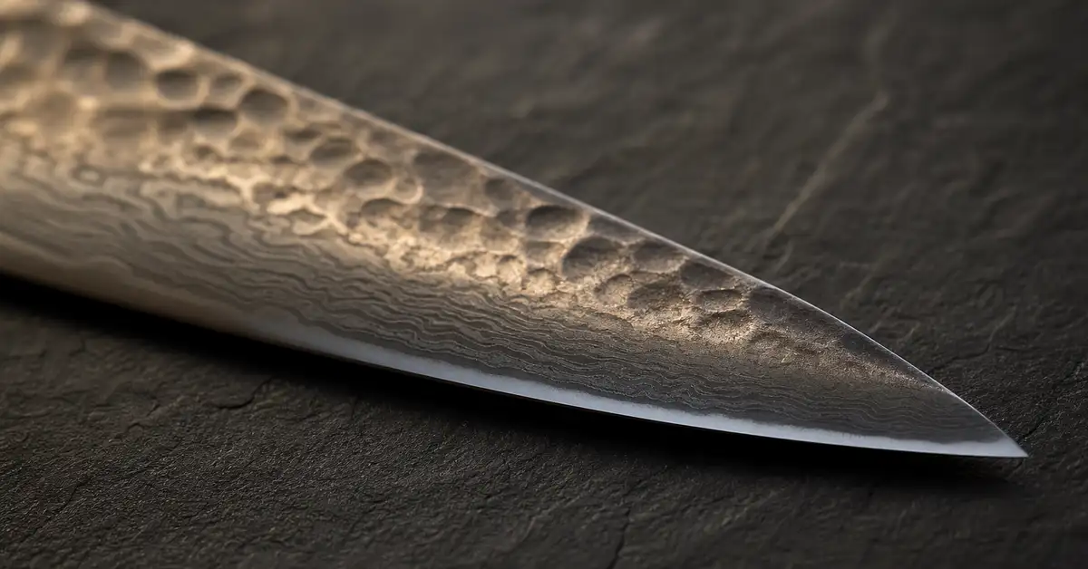Macro close-up of a thin, hammered Japanese knife edge catching warm light
