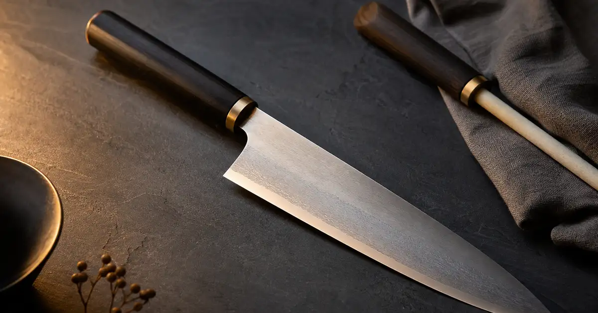 A Japanese-style gyuto chef's knife resting on a matte slate counter in warm side light