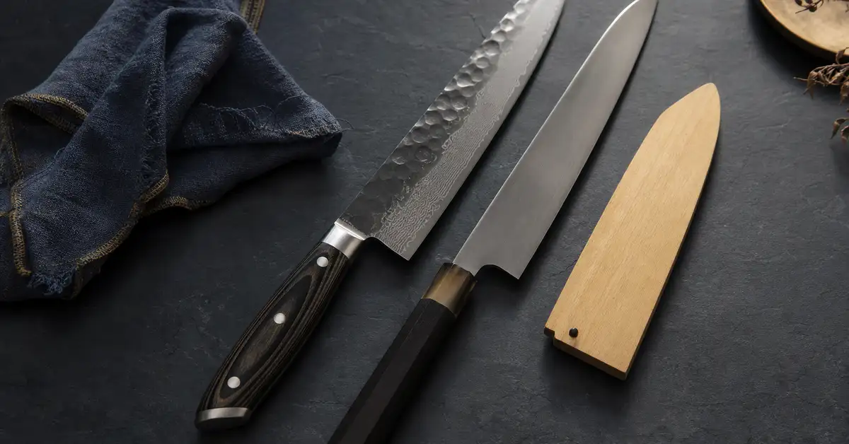 Two Japanese-style kitchen knives with different handle styles laid out on a slate surface