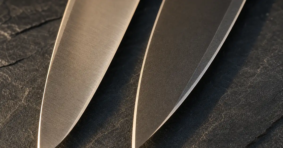Close-up comparison of two knife edges at different bevel angles under warm side light