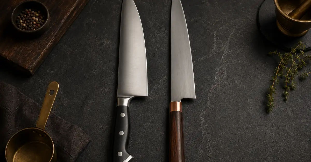 A German-style chef's knife and a Japanese-style gyuto laid side by side on a matte slate counter