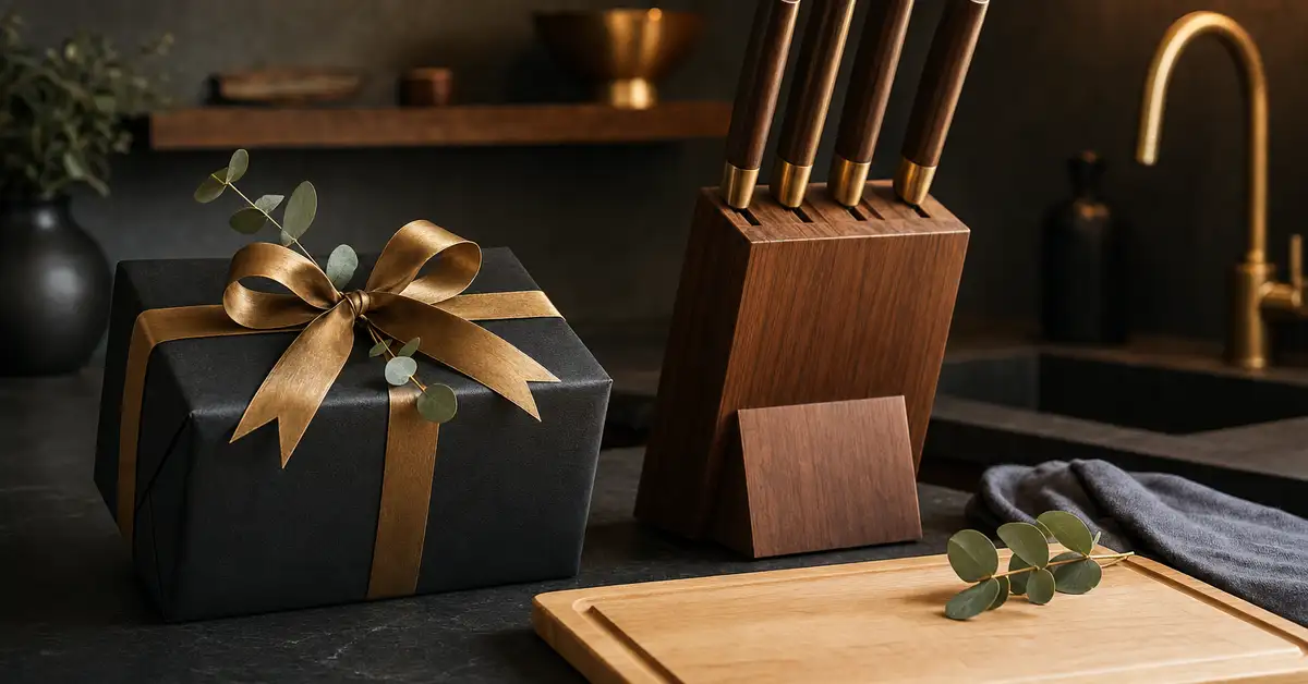 A wrapped kitchen gift box beside a cutting board and knife block on a slate counter