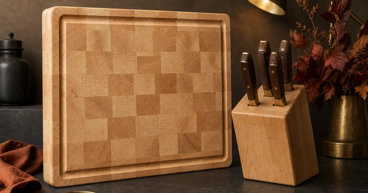 A maple end-grain cutting board and a small wooden knife block arranged together on a slate surface