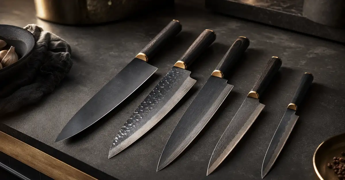 Several kitchen knives from different brands laid in a row on a slate counter