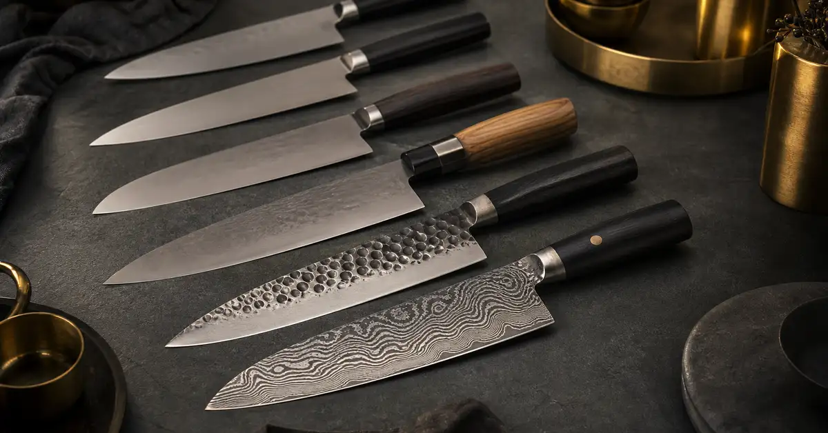 A collection of chef's knives from budget to premium brands arranged on a slate counter