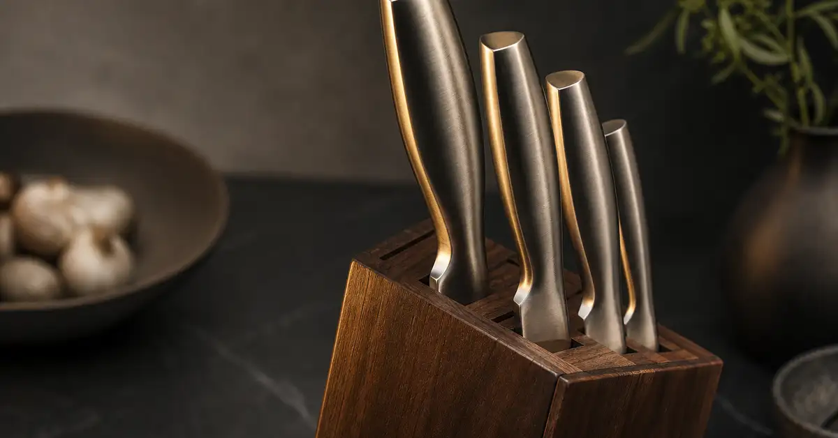 Several kitchen knives seated in a wooden knife block on a matte slate counter in warm light