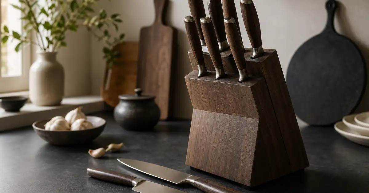 A wooden knife block holding several knives beside a few loose blades on a matte slate counter in warm light