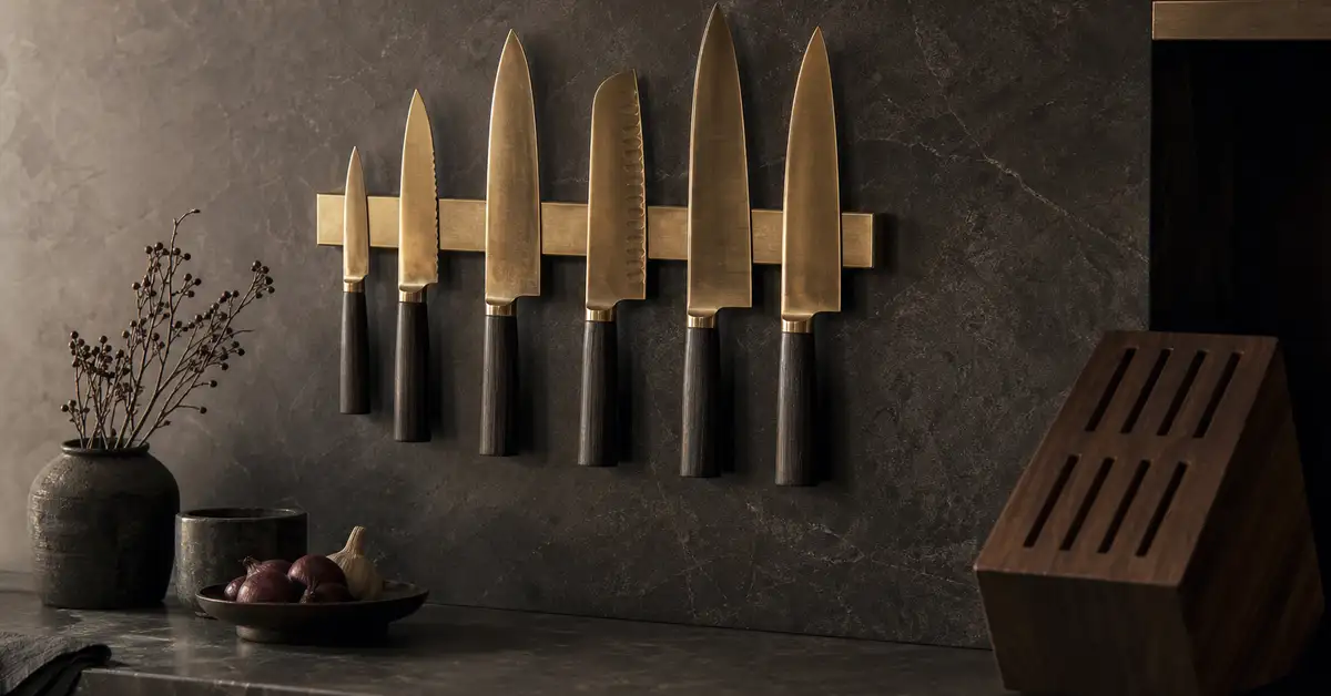 Kitchen knives displayed on a wall-mounted magnetic strip beside a small wooden block on a slate counter