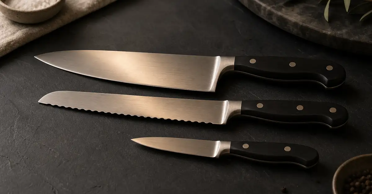 A chef's knife, serrated knife and paring knife arranged on a matte slate surface in warm light