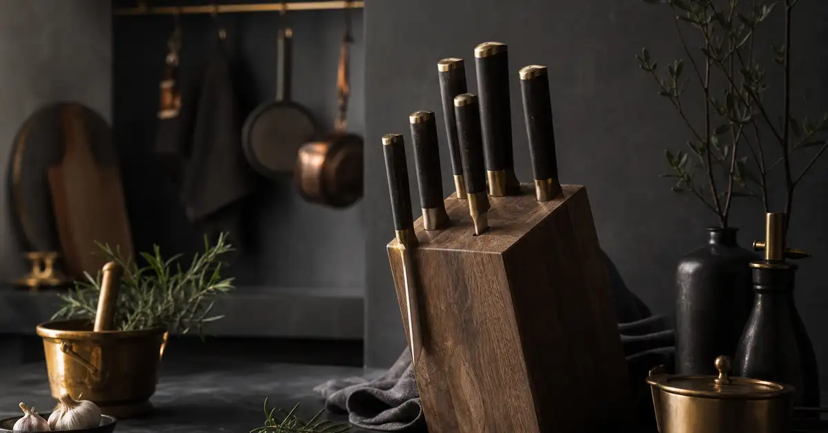 A wooden knife block holding several kitchen knives on a slate counter