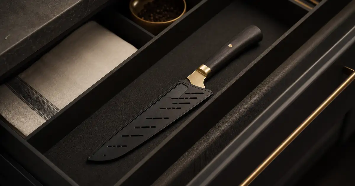 A kitchen knife fitted with a blade guard resting in a drawer tray