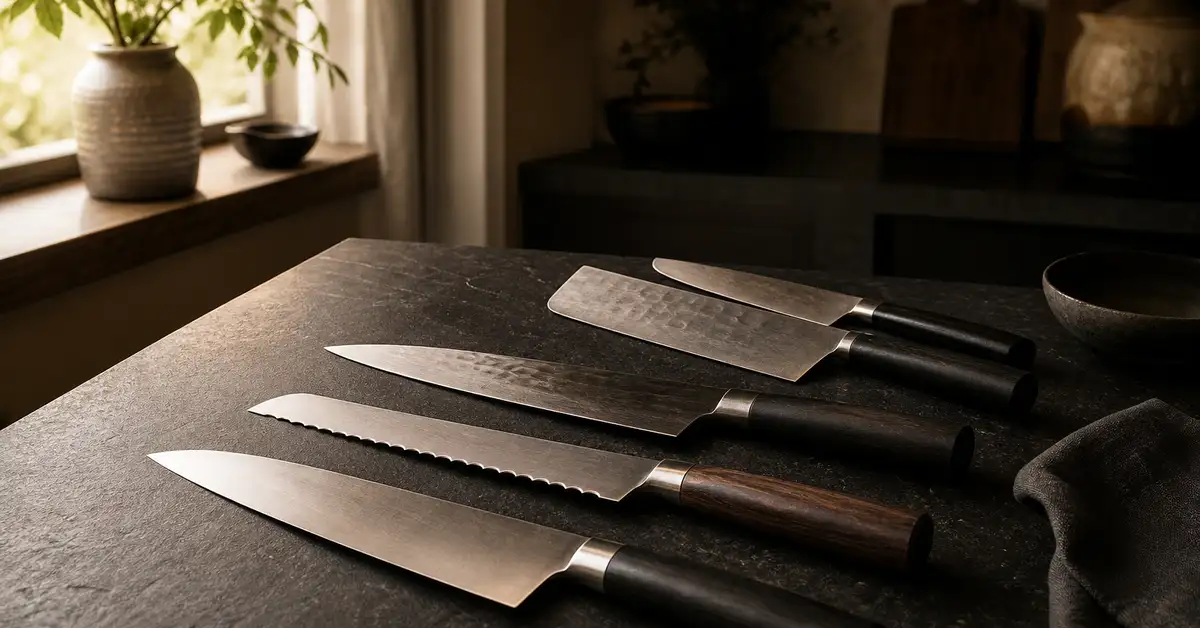 Several chef's knives of different styles laid on a matte slate counter in warm light