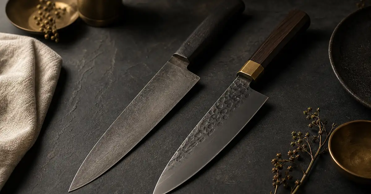 A budget chef's knife and a premium chef's knife side by side on a slate surface in warm light