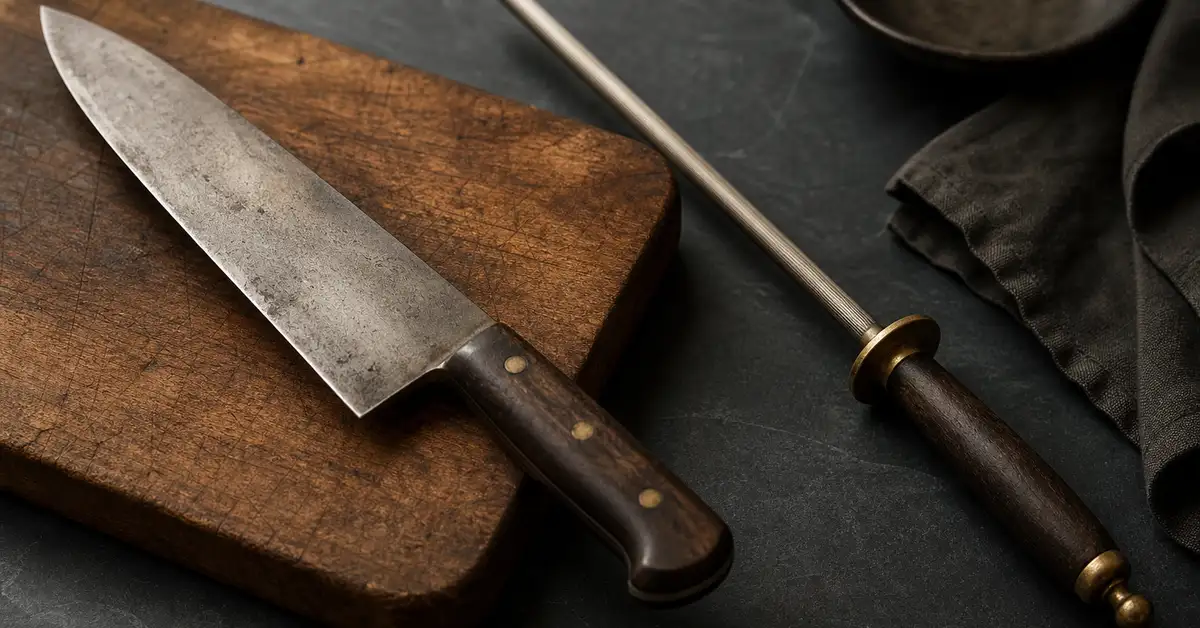 A well-used chef's knife on a wooden cutting board beside a honing steel on a slate counter