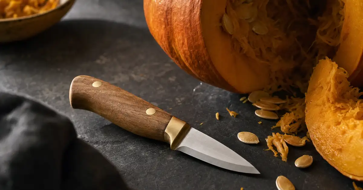 A small paring knife and a serrated carving knife beside a partly carved pumpkin on a slate counter